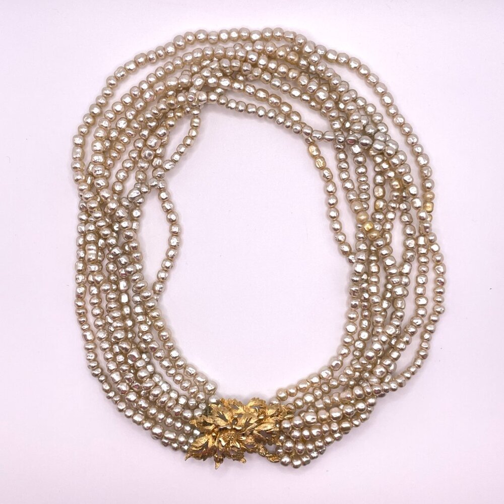 Vintage Freshwater Pearl Torsade Necklace Textured Decorative Gold Tone Clasp - Picture 2 of 14